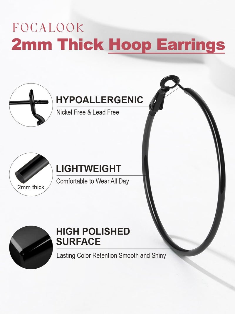 FOCALOOK 50mm Large Black Hoops, Hypoallergenic 2mm Thin Lightweight Black Earrings for Women - Image 4
